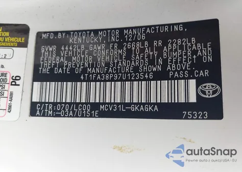 2007 Toyota Camry Solara Sle из США, поврежденный, VIN 4T1FA38P97U123546